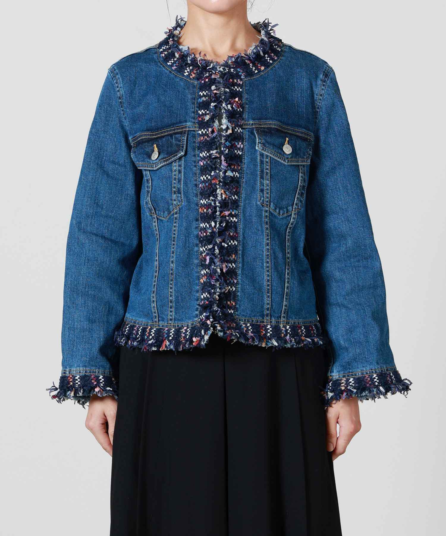 JAPAN DENIM(ジャパンデニム)】 COOHEM_TWEED FRINGE NO COLLAR JACKET