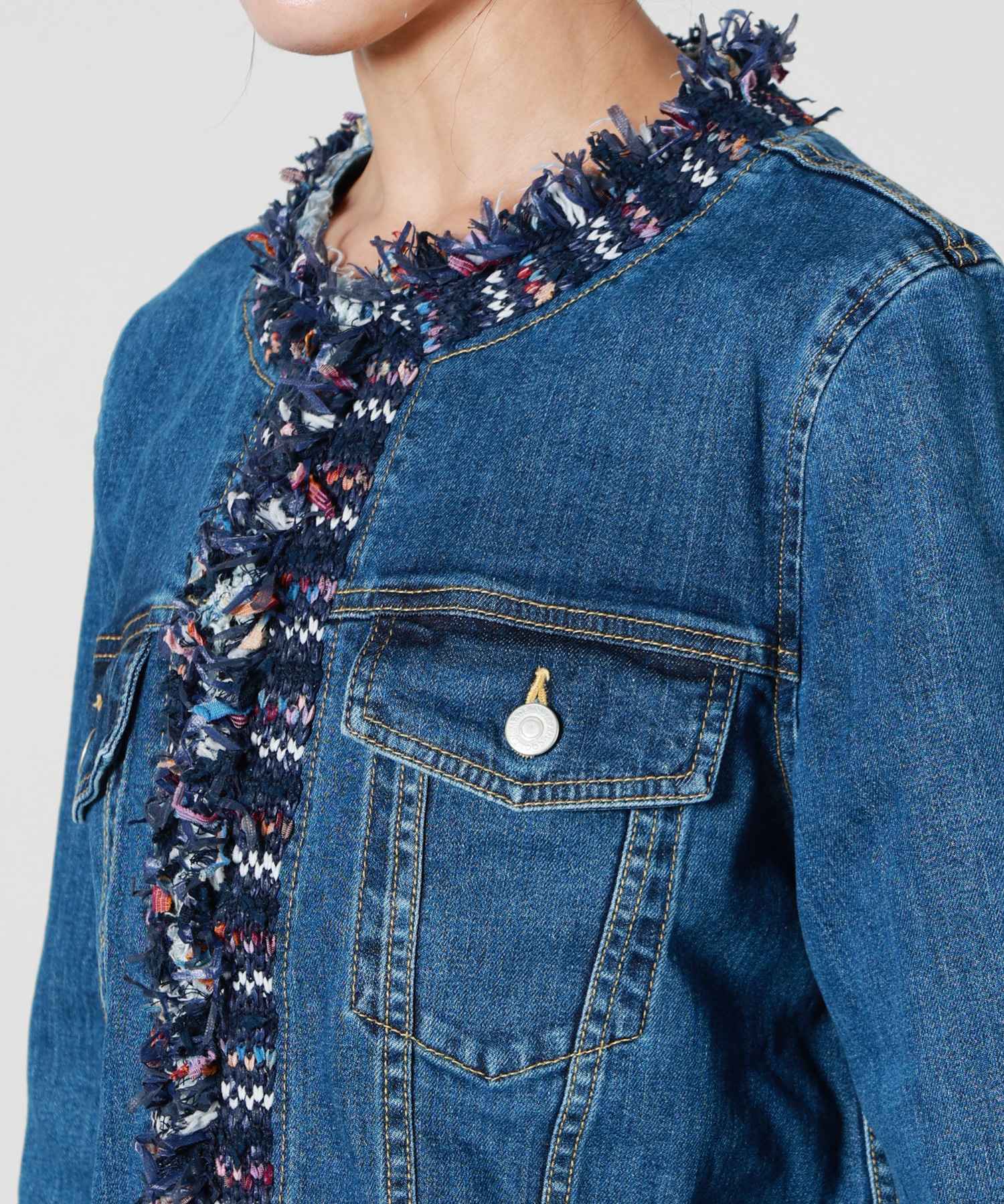 JAPAN DENIM(ジャパンデニム)】 COOHEM_TWEED FRINGE NO COLLAR JACKET