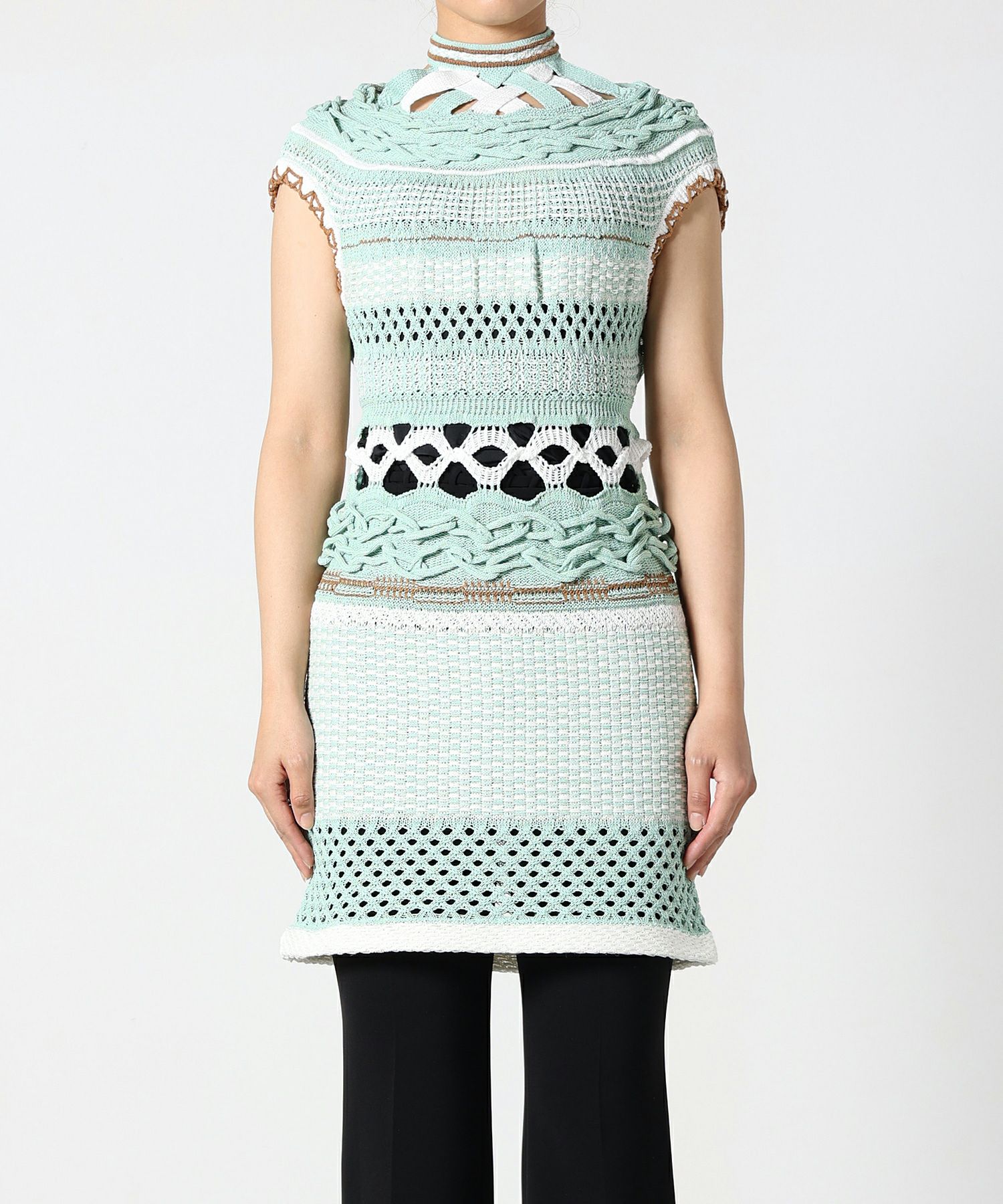 Mame Kurogouchi マメクロゴウチ 23SS 日本製 Bamboo Basket Pattern Knitted Dress バンブーバスケットパターンニットドレス MM23SS-KN034 2 MINT GREEN 定価88,000円 ワンピース トップス【新古品】【中古】【Mame Kurogouchi】 mame - Mame Kurogouchi マメクロゴウチ 23SS 日本製 Bamboo Basket
