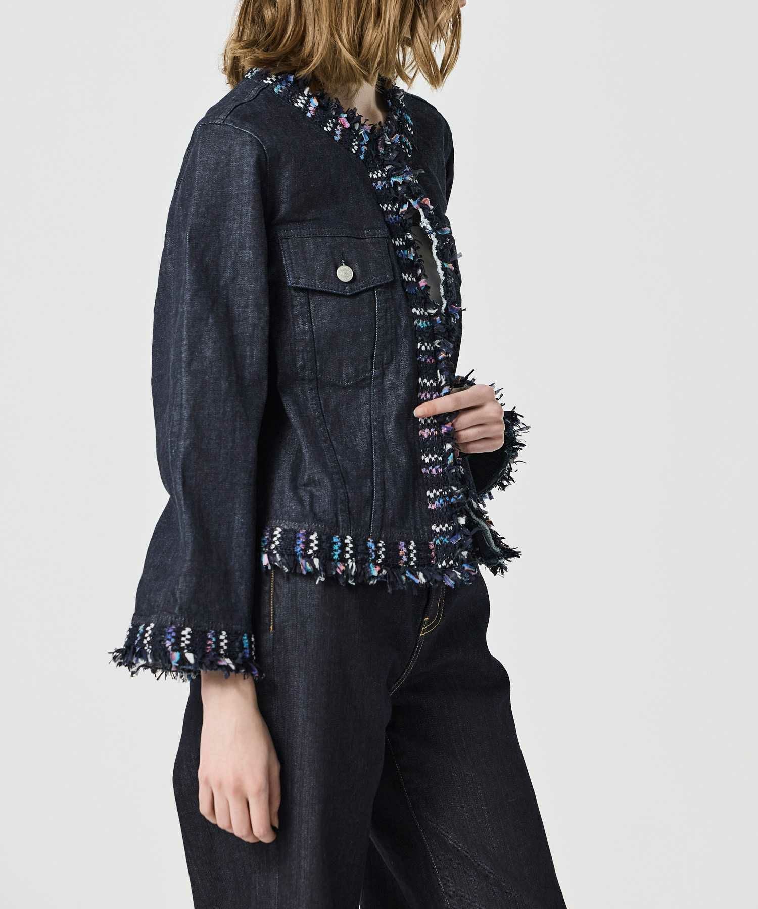 コ*コ様 ブルマリン アンナモリナーリ ファー襟付き刺繍デニムジャケットイタリア JAPAN DENIM(ジャパンデニム)】 COOHEM_TWEED FRINGE NO COLLAR JACKET