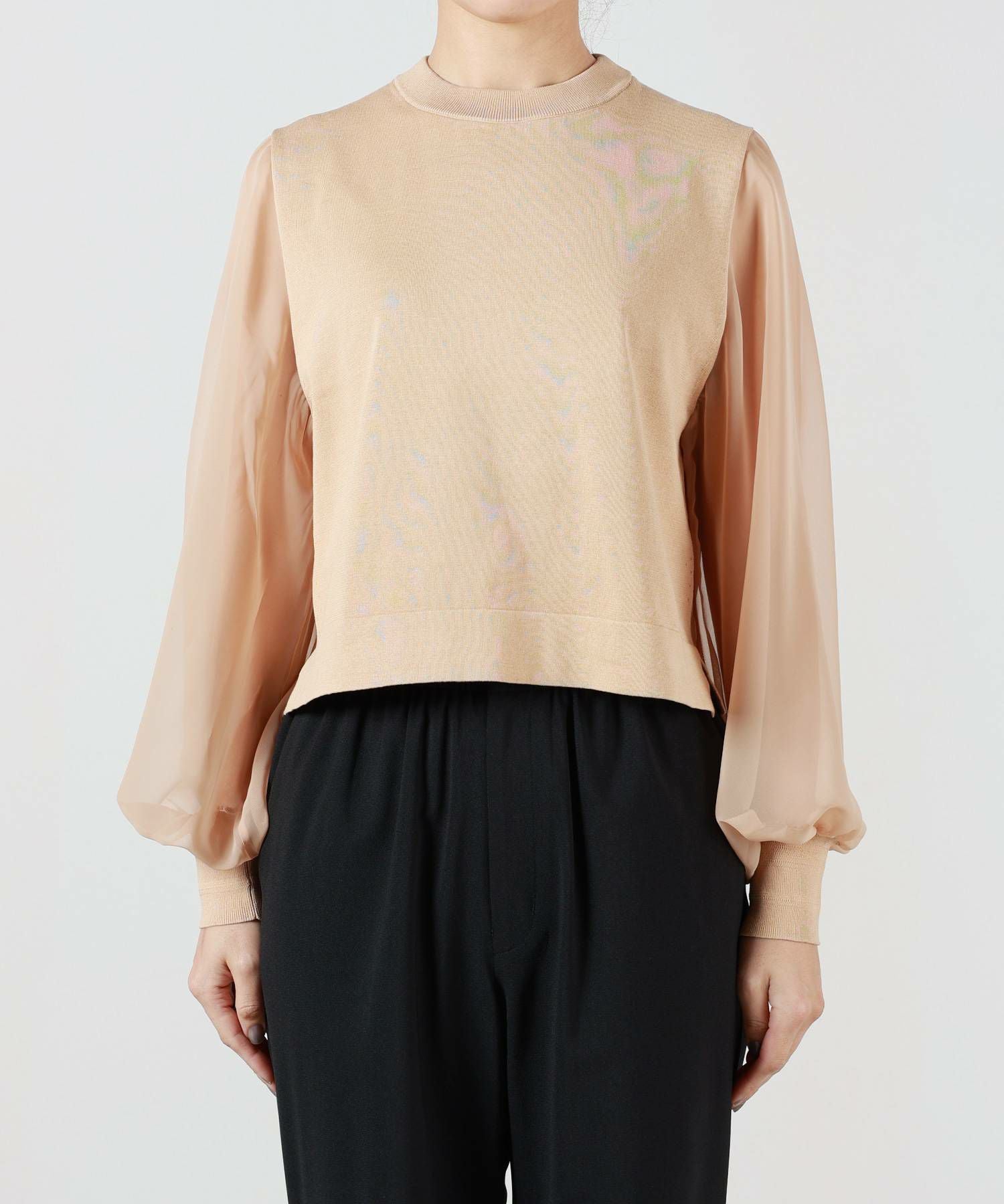 HYKE(ハイク)】 CREW NECK CROPPED SWEATER WITH SHEER SLEEVES