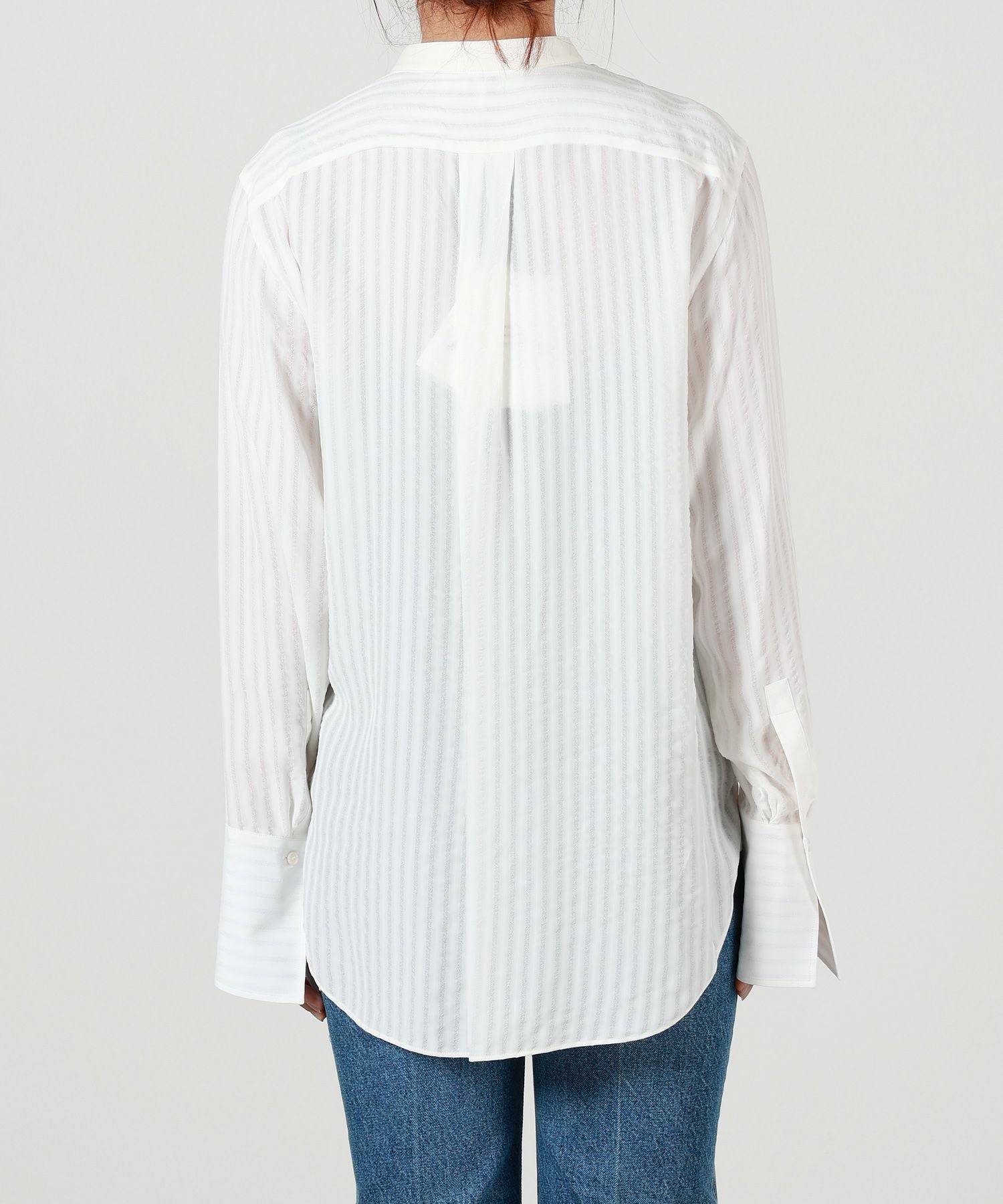 Chloe(クロエ)】 ストライプビスコース製ノーカラーシャツ｜PARIGOT
