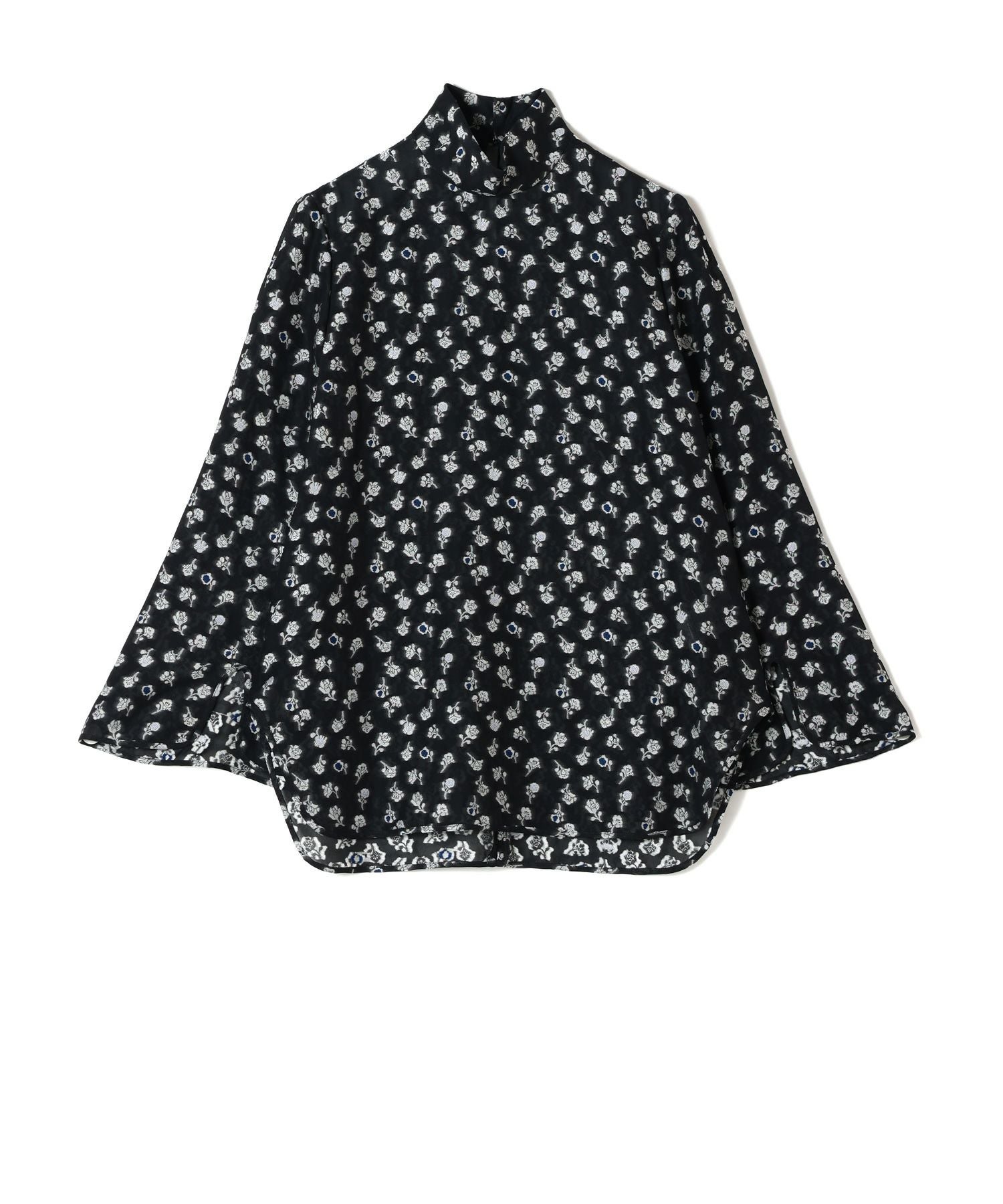 マメクロゴウチ ネイビー花柄刺繍ハイネックブラウス Floral Jacquard Fraise Stitch High Neck Top-フローラルジャカード