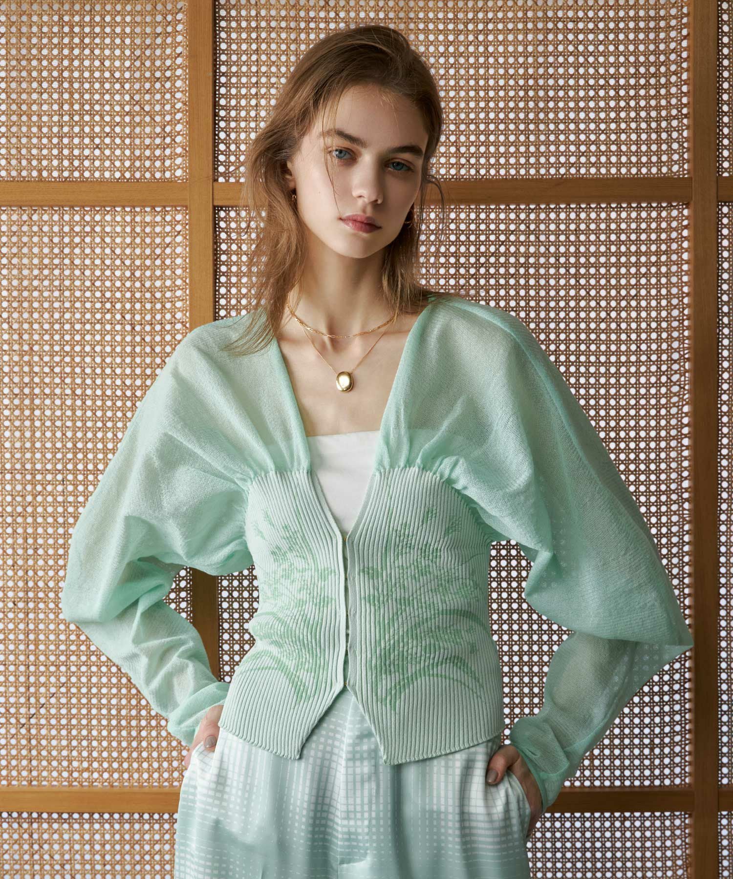 mame kurogouchi シアーセーター　グリーン Mame Kurogouchi(マメ クロゴウチ)】 Sheer Rounded Sleeve Knitted