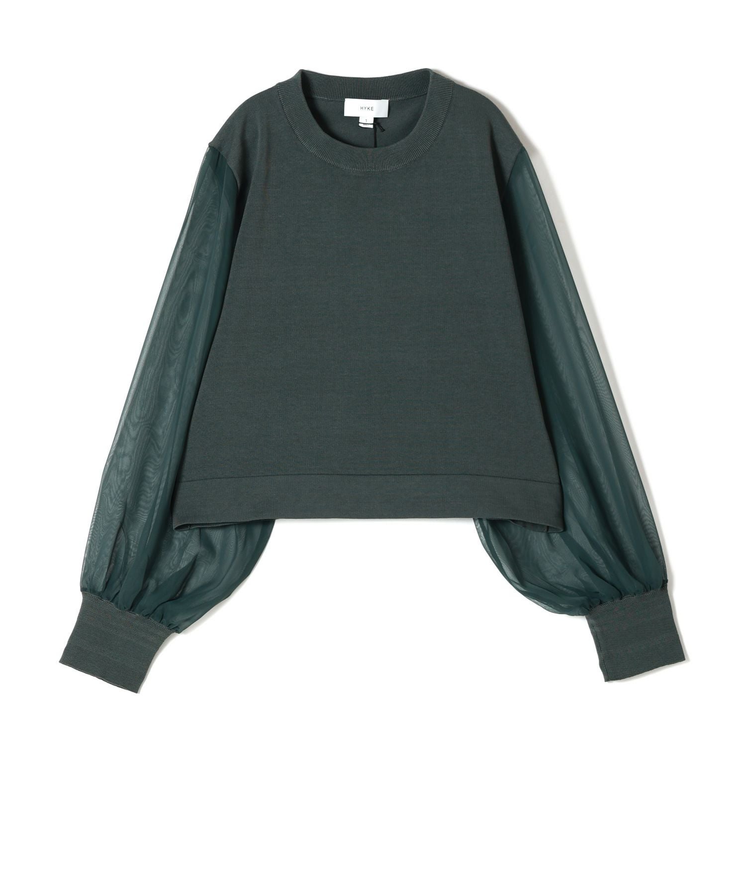 HYKE(ハイク)】 CREW NECK CROPPED SWEATER WITH SHEER SLEEVE