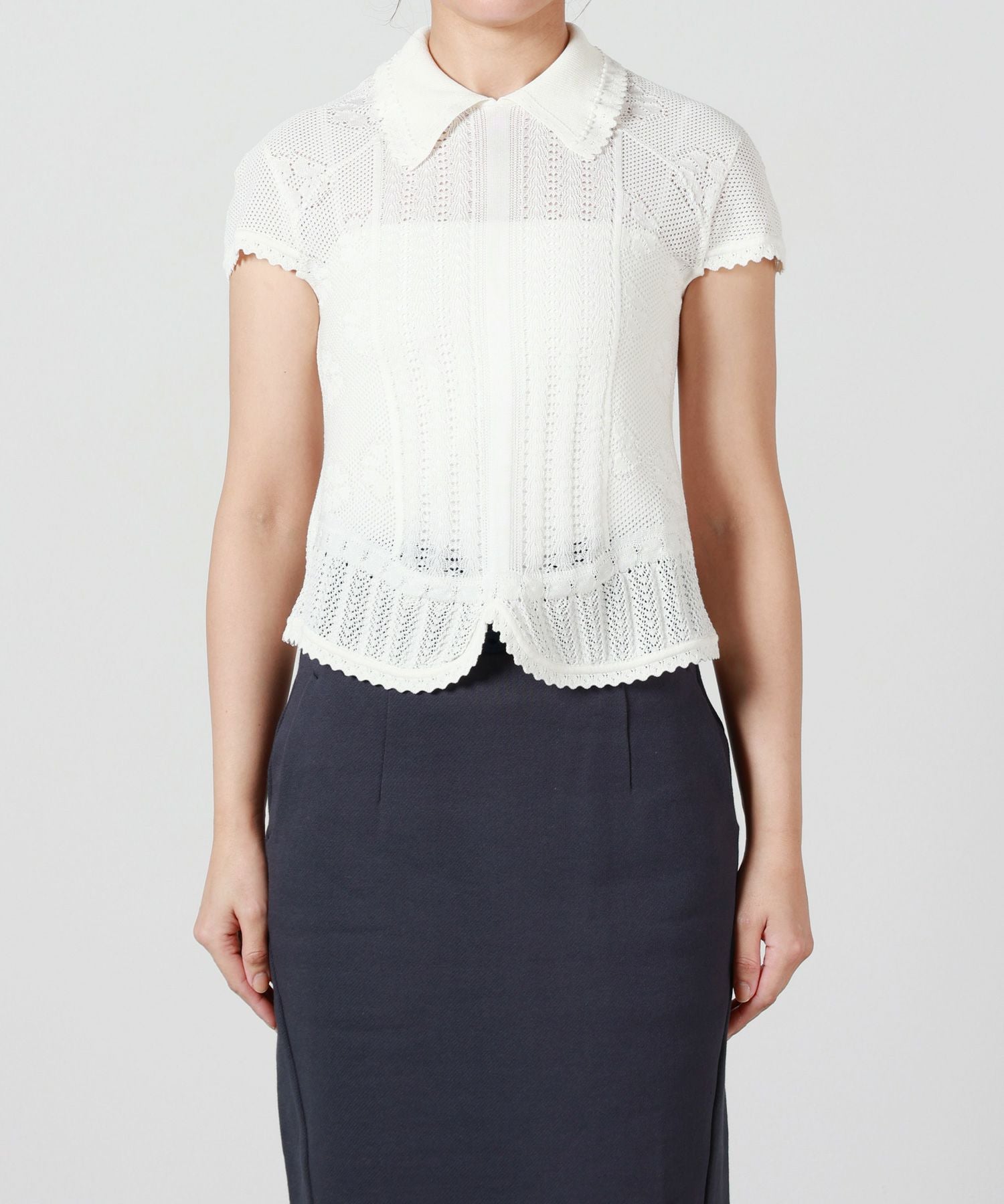 マメクロゴウチ Lace Stripe Knitted Top Mame Kurogouchi(マメ クロゴウチ)】 Lace Stripe Knitted Top