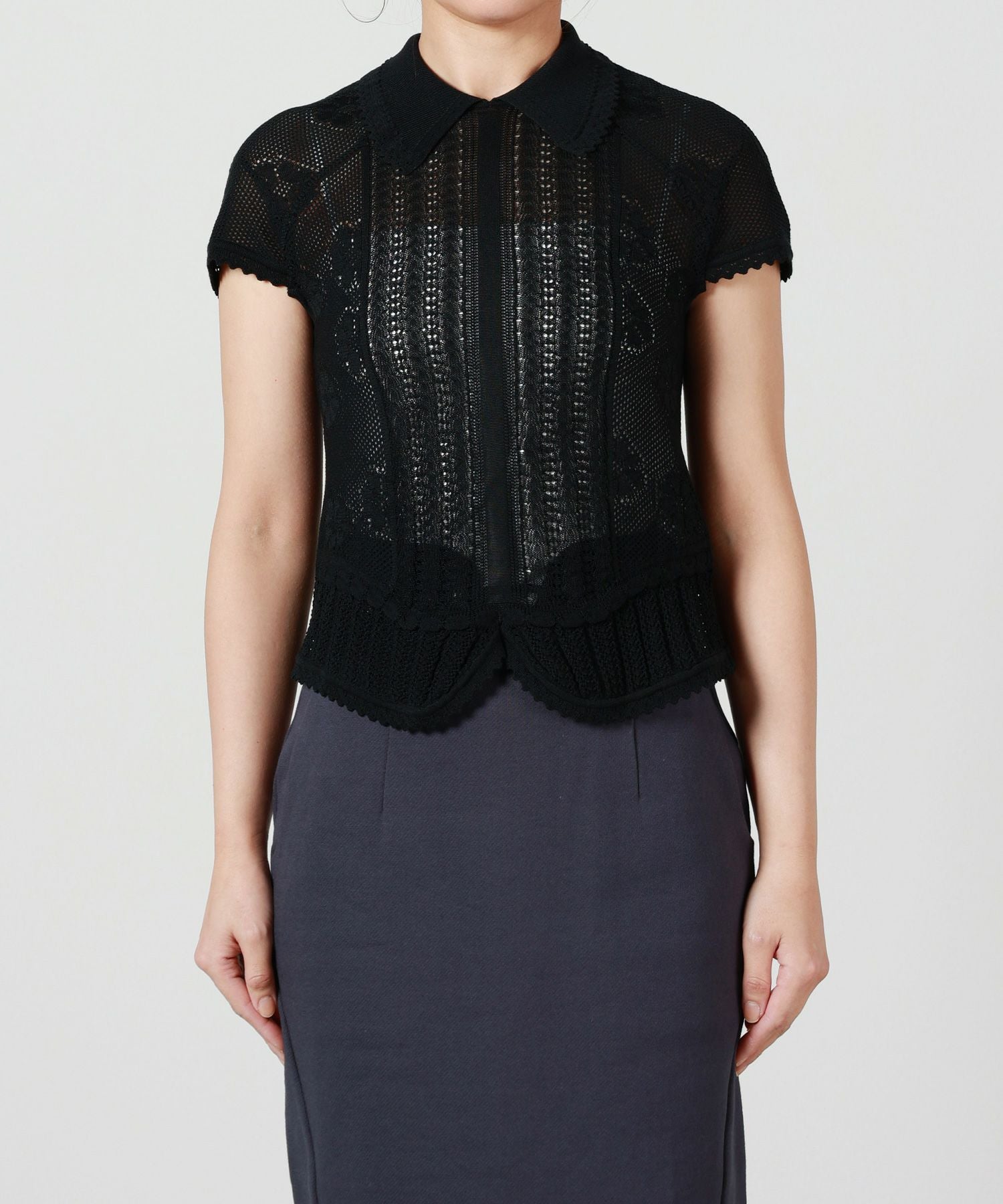 Mame Kurogouchi / マメクロゴウチ | Net Stripe Tops ニットトップス | 2 | ネイビー/シルバー/ブラック | レディース Lamp Shaped Knit Top-ランプシェープニットトップ-Mame Kurogouchi