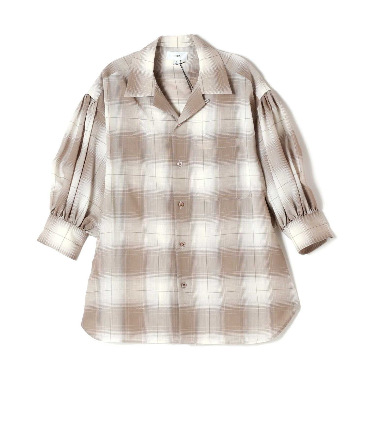 HYKE / ハイク | 2025SS | CHECK BALLOON SLEEVE BLOUSE チェック バルーンスリーブ ブラウス | 1 | ベージュ | レディース T／W OMBRE CHECK BALLOON SLEEVE