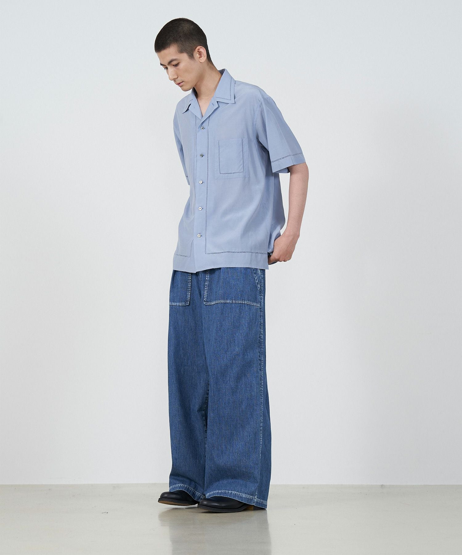 YOKE(ヨーク)】 COTTON ACETATE POPLIN EMBROIDAREY OPEN COLLAR SHIRT