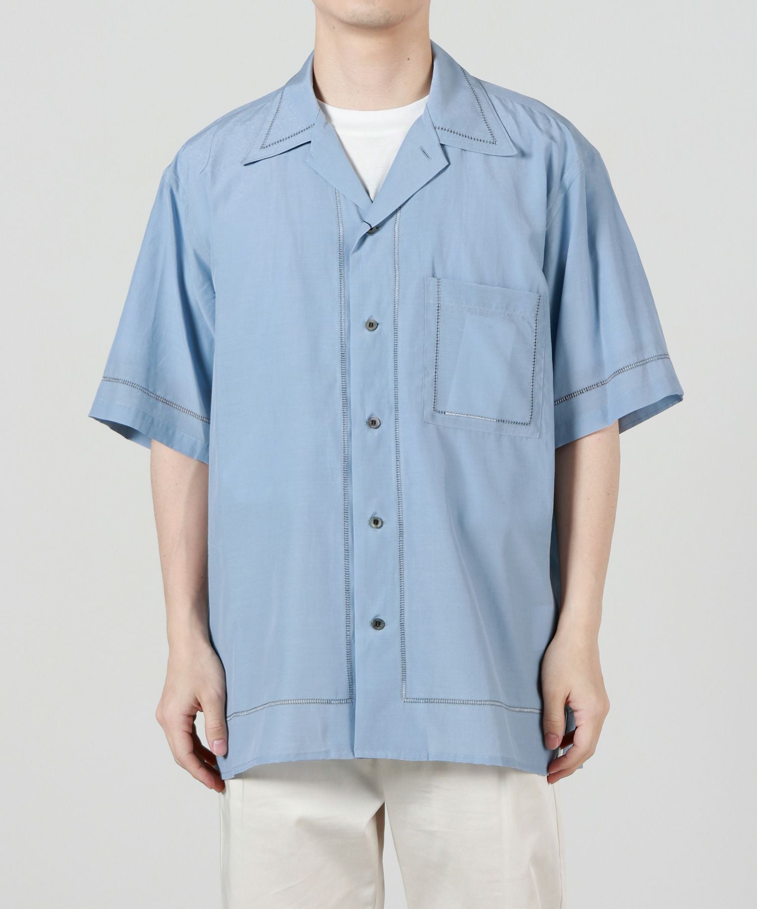 YOKE(ヨーク)】 COTTON ACETATE POPLIN EMBROIDAREY OPEN COLLAR SHIRT