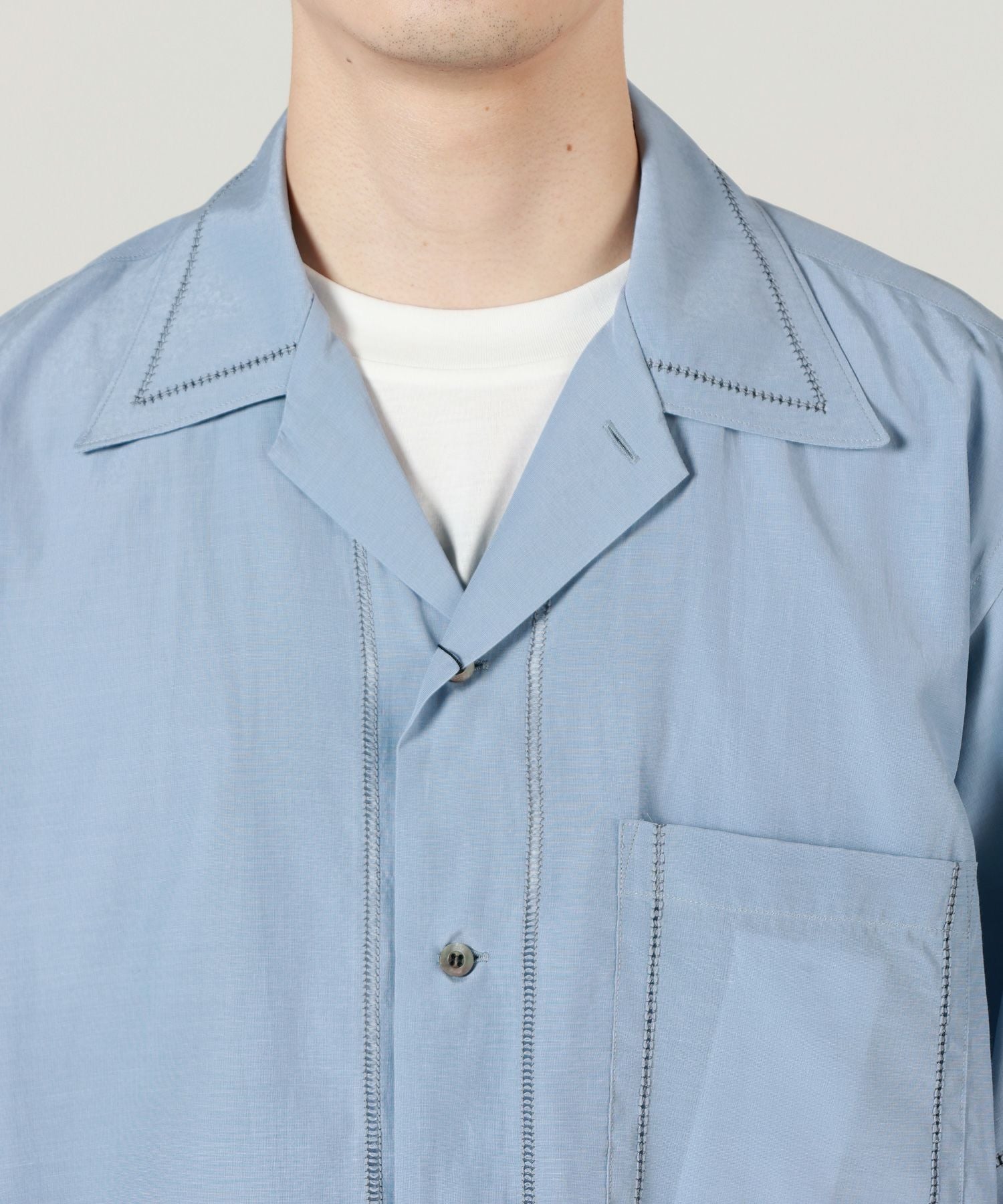 YOKE(ヨーク)】 COTTON ACETATE POPLIN EMBROIDAREY OPEN COLLAR SHIRT