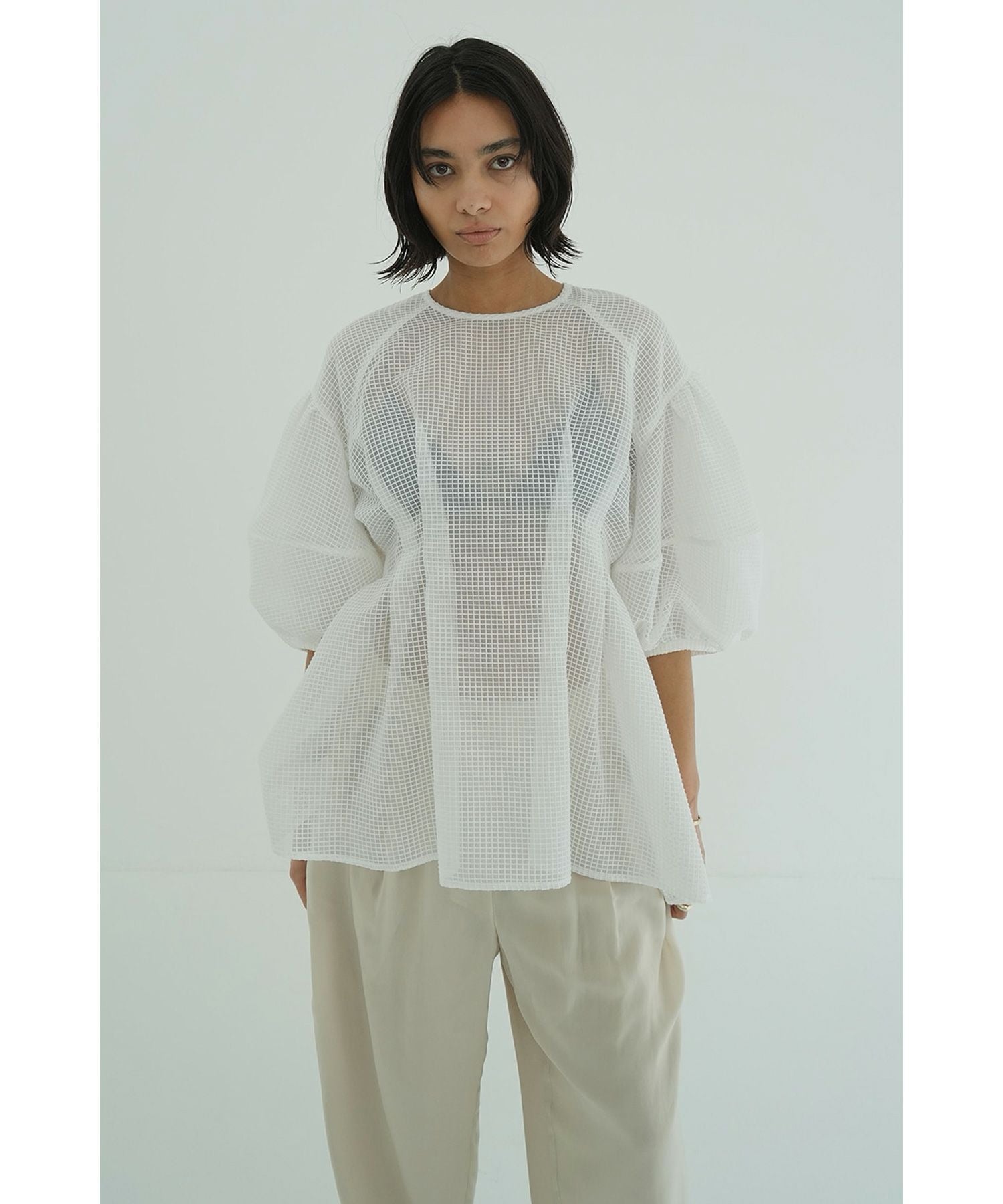 トップス CLANE SHEER PLAID VOLUME SLEEVE TOPS CLANE(クラネ)】 SHEER PLAID VOLUME SLEEVE TOPS｜PARIGOT ONLINE