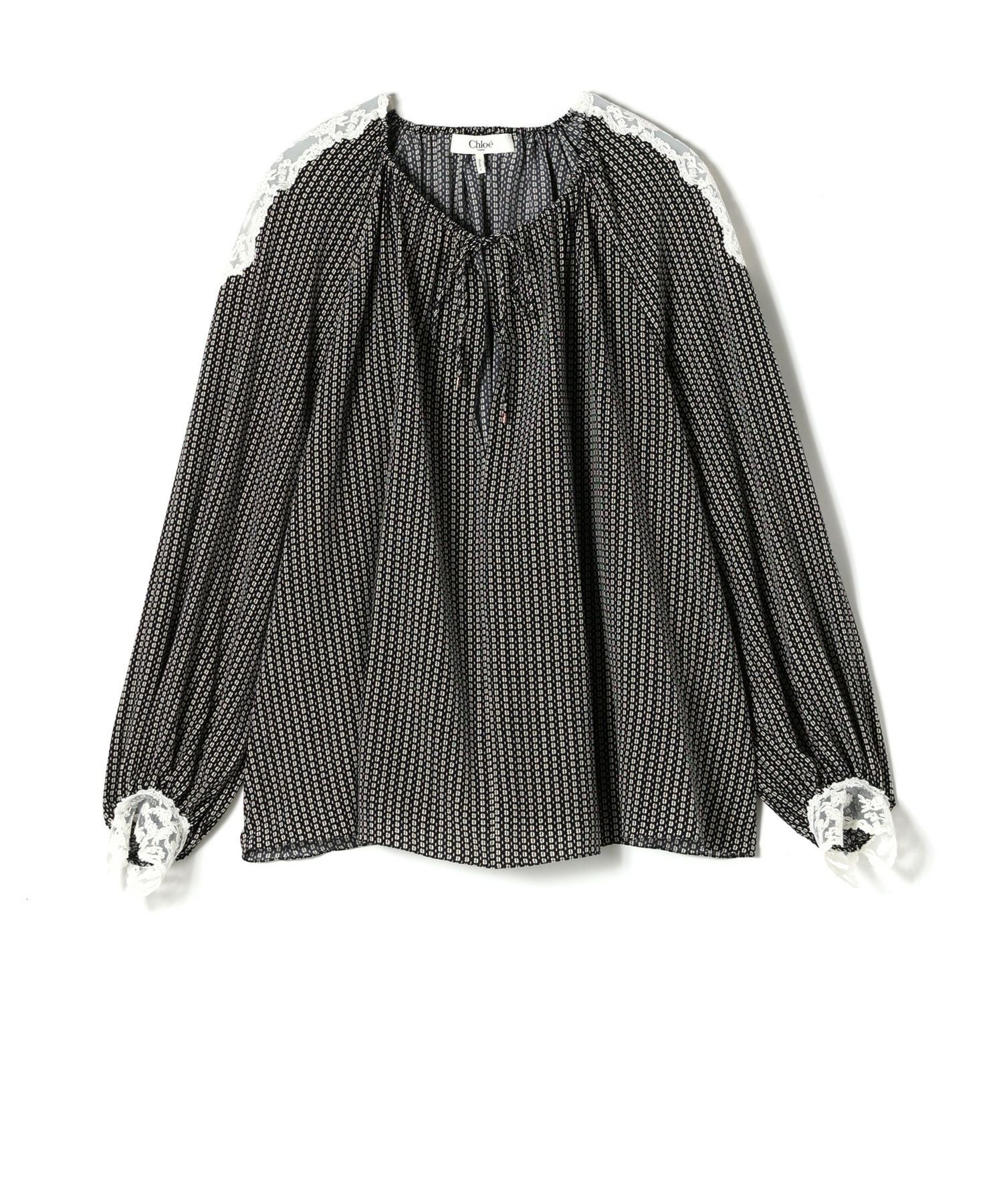 Chloe(クロエ)】 クレープデシン&レース製オープンネックトップス