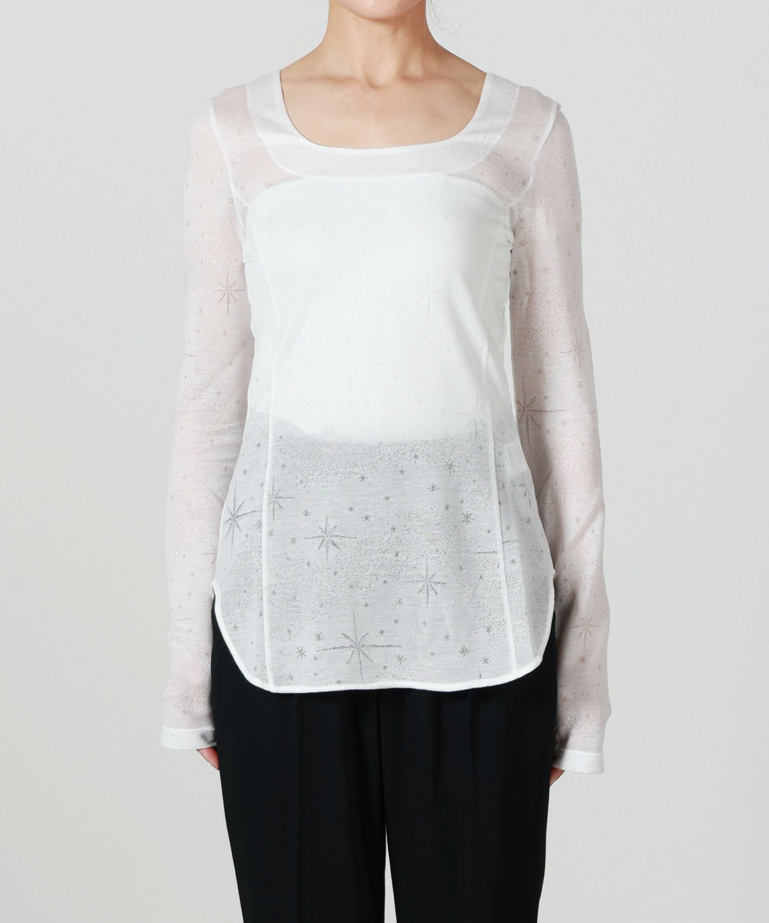 マメクロゴウウチ/エクリュ/トップス Landscape Graphic Sheer Knitted