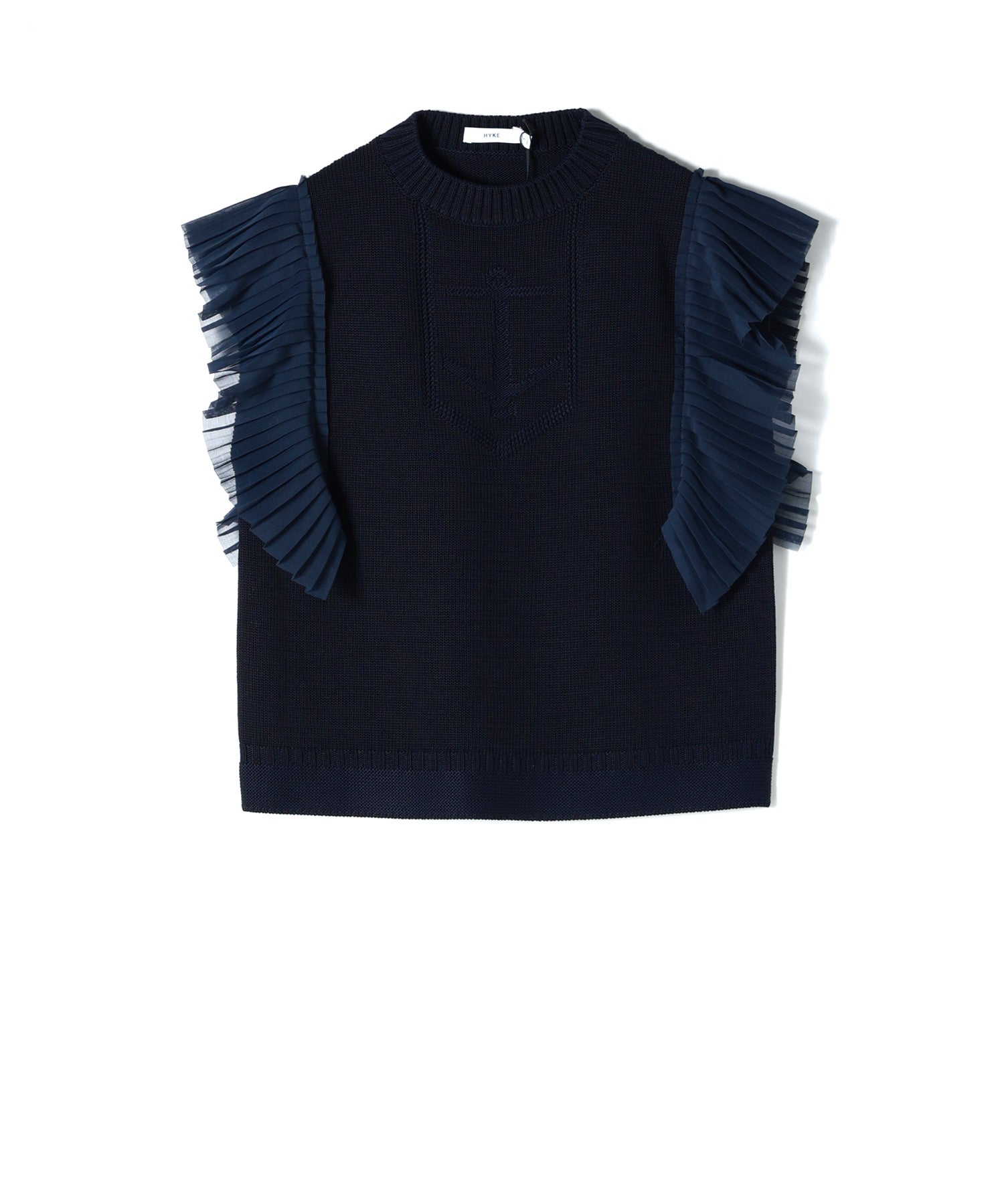 新品タグ付　HYKE ハイク　ロゴ刺繍あり　ニットベスト　ネイビー　シルク混 HYKE(ハイク)】 SLEEVELESS PLEATED GUERNSEY KNIT｜PARIGOT ONLINE