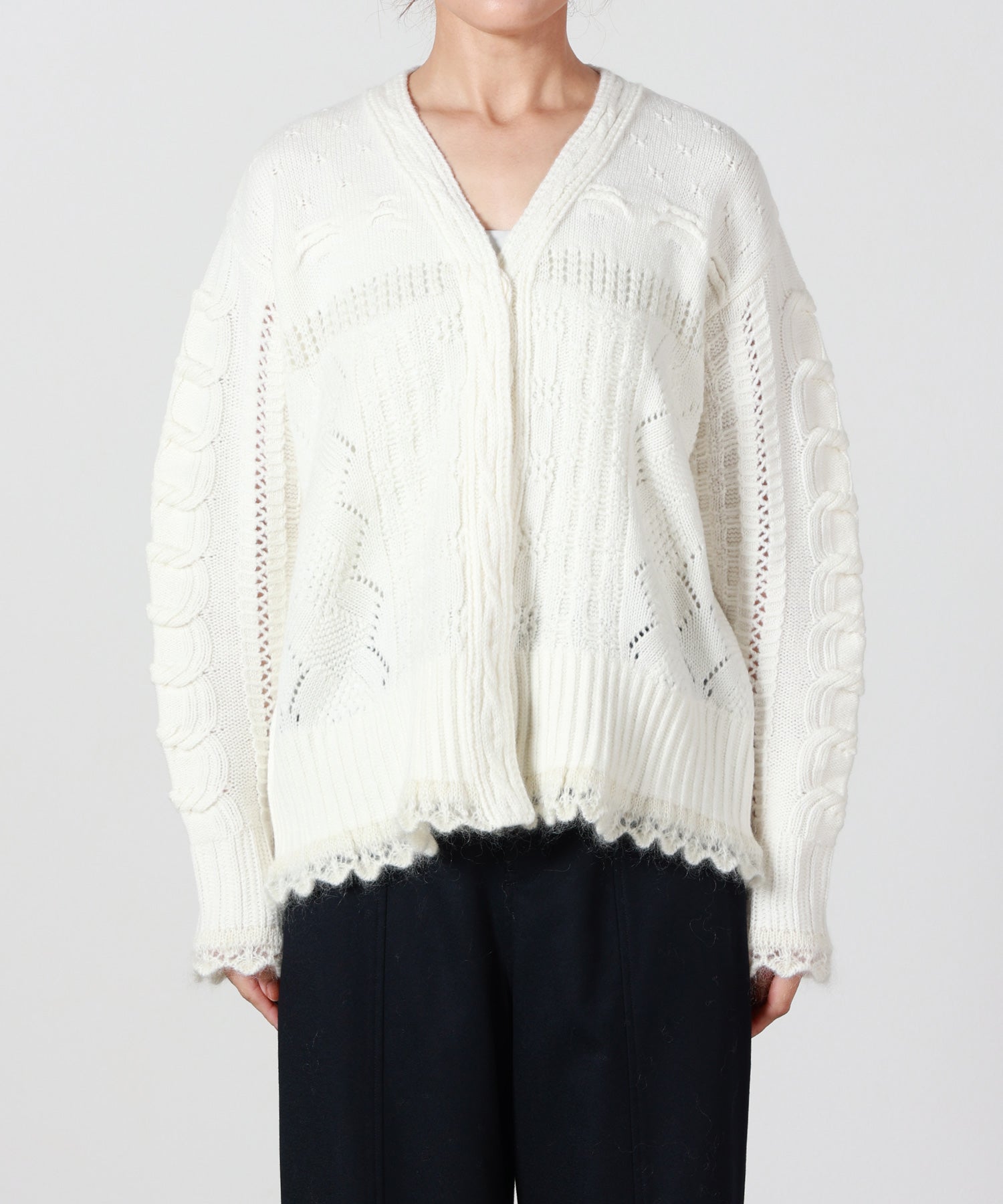 マメクロゴウチ　ホワイト カーディガン Mame Kurogouchi(マメ クロゴウチ)】 Wool Cable Knit Cardigan